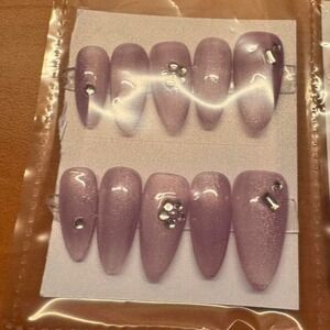 Purple Almond Press On Nails Gem Stone Accents Nail Art Manicure